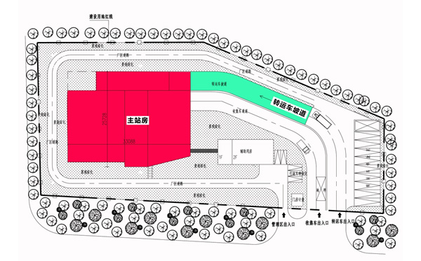 简介 “半地下式”即转运站站房一半建筑结构建于地下,卸料作业区位于水平地面(±0.000);转运作业区则位于地下一层,转运车需沿坡道下行进入该区域作业。 转运站外观设计形式:站房全包容屋顶花园式(简称“屋顶花园式”) “站房全包容屋顶花园式”即在地上式全包容转运站的基础上,将转运作业区整体下沉至地下,由于转运站整体高度下降,可在站房屋顶上设置景观绿化及休闲花园(可根据需要设计配置),增加城市绿化面积,美化环境。该形式转运